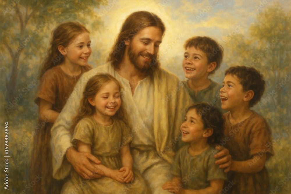 Obraz premium Jesus Christ Teaching and Blessing Children with Love and Compassion Religious Spiritual Illustration