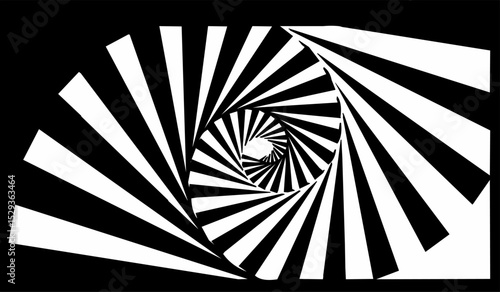 Abstract black and white spiral pattern with geometric optical illusion style, creating a tunnel effect. Vector EPS.
