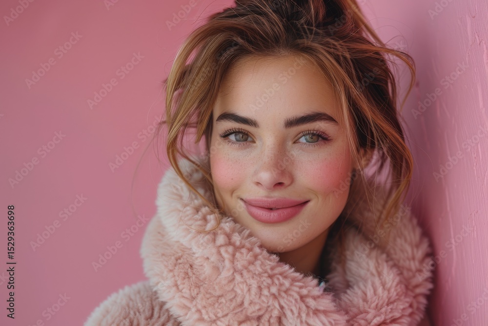 A delightful smile lights up this cozy portrait of a woman wrapped in a fluffy pink coat, perfectly contrasting her vibrant and playful pink background. A delightful smile lights up this cozy portrait of a woman wrapped in a fluffy pink coat, perfectly contrasting her vibrant and playful pink background.