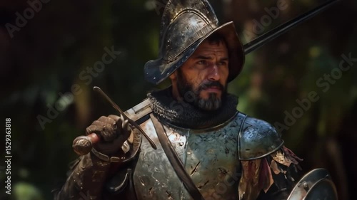 Epic character of a Spanish conquistador in America with tarnished armor, sword in hand and round shield, ready to face the unknown challenges of the conquer in the jungle. Cinematic scene of conquer.