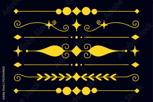 Elegant yellow ornaments and decorative dividers on dark blue background