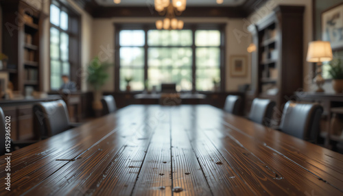 Wallpaper Mural Rustic wooden table in a bright conference room video background blur for presentations Torontodigital.ca