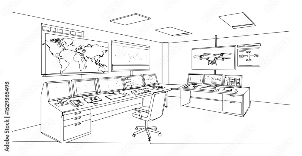 Fototapeta premium control room with drone monitors and maps outline vector