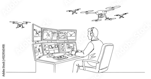 drone operator with control screens outline vector drawing