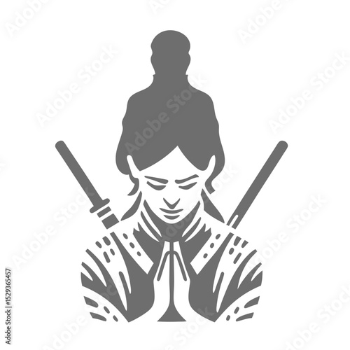 Zen Warrior's Meditative Calm: A stylized illustration showcases a tranquil warrior in a state of meditative calm. The warrior, with hands in prayer, embodies a sense of peace and inner strength.