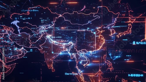 China digital network map video animated showing strategic military surveillance connections, cyber warfare infrastructure and geopolitical espionage operations across global territories