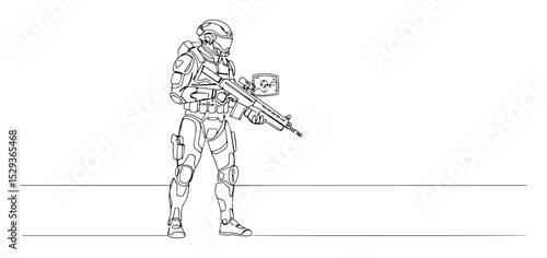 futuristic soldier in armor holding weapon outline vector