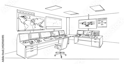 control room with drone monitors and maps outline vector