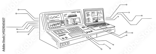 digital control panel with electronic connections outline vector