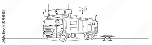 communication truck with antennas and drone on ground outline drawing