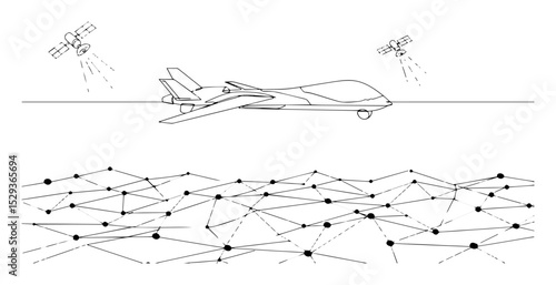 drone with satellite and connected network monoline vector