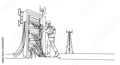 soldier working on communication cables and antenna sketch lineart