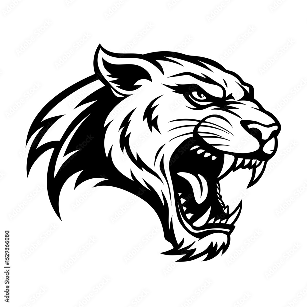 Fierce Black and White Panther Head Vector Illustration – Snarling Profile with Sharp Teeth, Intense Eyes, Bold Linework, Tattoo-Style Art, High Contrast Sports Logo Design on Clean Background Fierce Black and White Panther Head Vector Illustration – Snarling Profile with Sharp Teeth, Intense Eyes, Bold Linework, Tattoo-Style Art, High Contrast Sports Logo Design on Clean Background