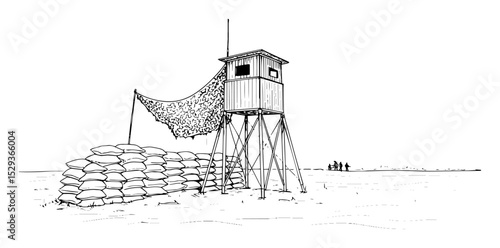 military observation tower with sandbags monoline sketch