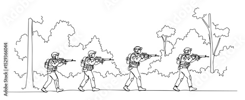 squad of soldiers marching through forest sketch lineart