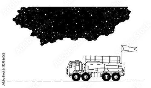 military truck under night sky silhouette sketch style