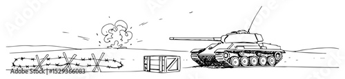 tank in battlefield with explosion and obstacles lineart sketch