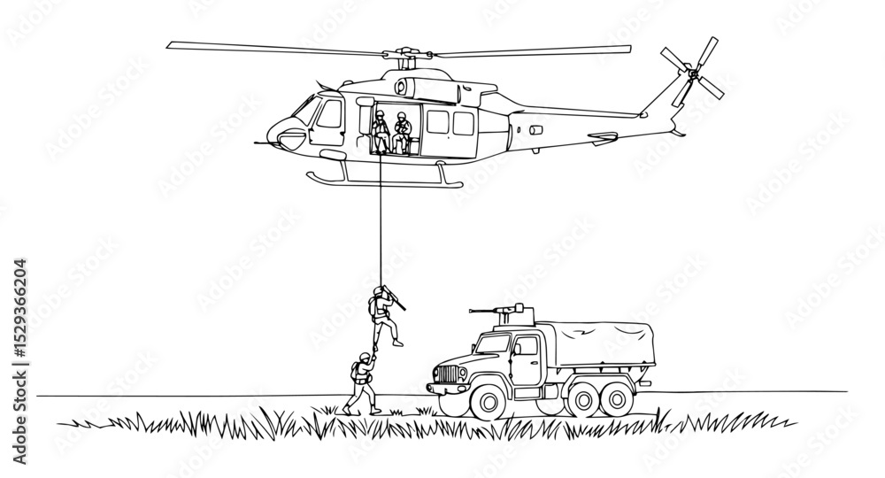 Obraz premium helicopter rescue mission lifting soldier monoline sketch