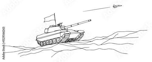 tank driving on hill with flag and jet overhead vector