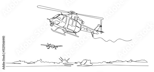 helicopter flying above field with drone below monoline