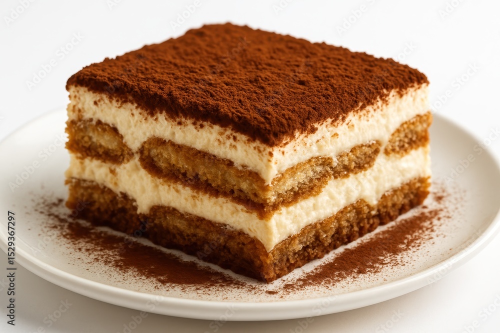 Decadent Slice of Authentic Italian Tiramisu Cake with Cocoa Powder Dusting on a White Plate Isolated Background Decadent Slice of Authentic Italian Tiramisu Cake with Cocoa Powder Dusting on a White Plate Isolated Background