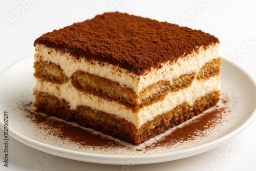 Decadent Slice of Authentic Italian Tiramisu Cake with Cocoa Powder Dusting on a White Plate Isolated Background