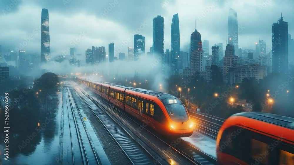 City Train in Fog: A high-speed train speeds through a futuristic city shrouded in a mysterious fog on a rainy night. The scene is dramatic. City Train in Fog: A high-speed train speeds through a futuristic city shrouded in a mysterious fog on a rainy night. The scene is dramatic.