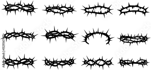 set of Crown of thorns icons set. Black silhouette of a crown made of thorns. Christian symbol.
