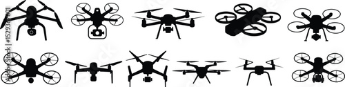 Collection of black silhouettes of various quadcopter drones with camera, front, back, and side views for technology, aviation, and photography use flat vector illustration