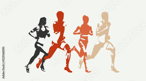 Athletics, track and field runners, group of running men and women. Set of abstract isolated vector silhouettes. Ink drawing