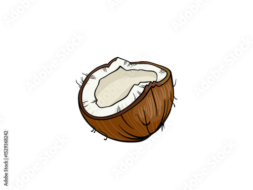 Delicious Tropical Coconut Half Cut Open Revealing White Flesh And Fibrous Brown Shell