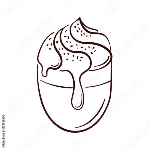 Line art style illustration of a coffee cup with whipped cream and cinnamon. Perfect for cafe menu, packaging, bakery branding or food design element on white background.