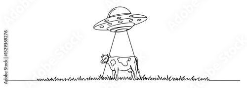 ufo abduction cow one line illustration