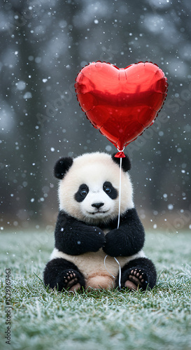 Adorable Fluffy Panda Holding Red Heart Balloon in Snowy Winter Wonderland Sweet Love & Friendship Art Print