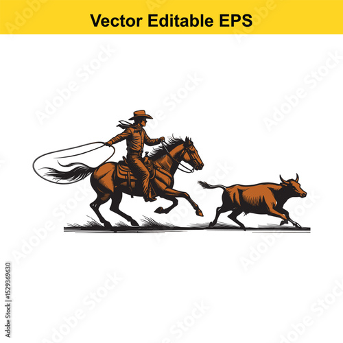 Cowboy Chasing a Runaway Steer on Horseback – Western Rodeo Action & Ranch Life