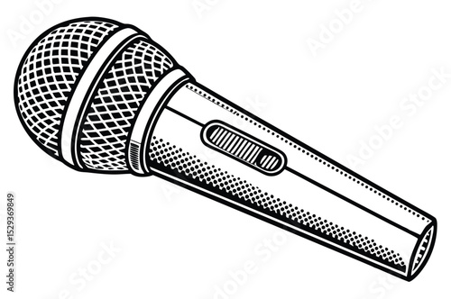 Retro Halftone Microphone Illustration – Vintage Black and White Vector
