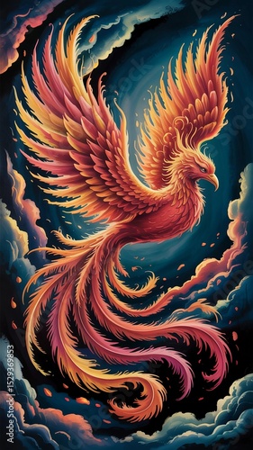 Vibrant Phoenix Rising in Fiery Glory with Majestic Wings and Ethereal Swirls Against a Mystical Dark Backdrop