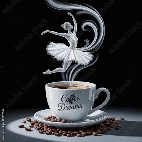 Elegant Ballerina Dancing on a Steaming Coffee Cup Surrounded by Coffee Beans on a Dark Artistic Background