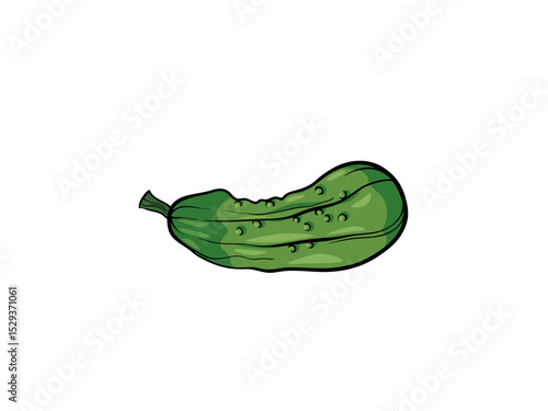 A Single Green Pickle with Blemishes and a Stem on a White Background