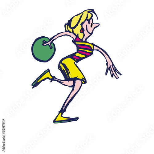 Cartoon woman in yellow skirt and striped shirt bowling a green ball