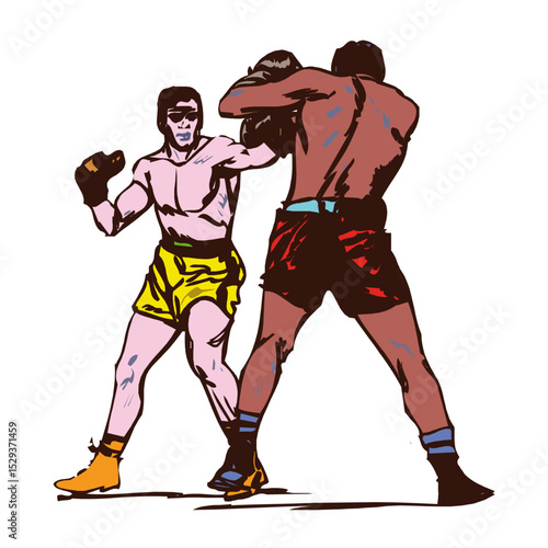 Two boxers intensely battling in a competitive match throwing punches at each other