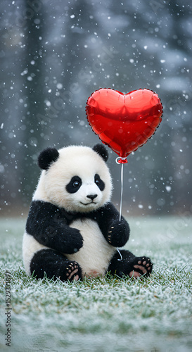 Adorable Fluffy Panda Holding Red Heart Balloon in Snowy Winter Wonderland Sweet Love & Friendship Art Print