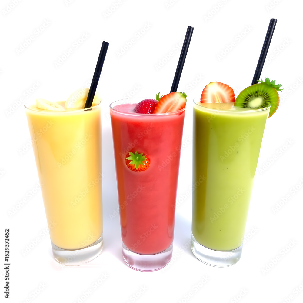 Fototapeta premium Three colorful fruit smoothies with straws