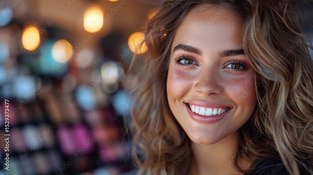 Obraz premium A cheerful young woman displays a radiant smile, showcasing her beauty amid a colorful array of cosmetics in a vibrant beauty store environment filled with light.