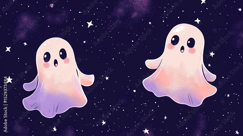 Adorable cartoon ghosts floating in a galaxy of stars perfect for halloween decorations Adorable cartoon ghosts floating in a galaxy of stars perfect for halloween decorations