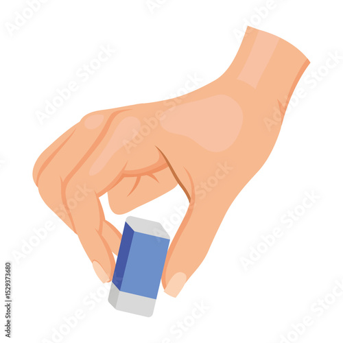 Human hand holding a blue and white eraser between fingers, flat cartoon style on white background. Concept of correction and stationery use. Vector illustration