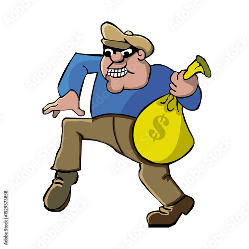 Cartoon thief running away with money bag