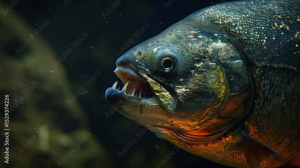 Obraz premium An intense close-up shot of a piranha showcasing its powerful jaw and sharp teeth, highlighting the fierce nature of this fish, which embodies the essence of the wild underwater world.