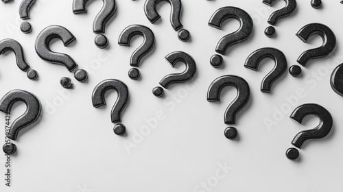 Many black question marks scattered on a white surface