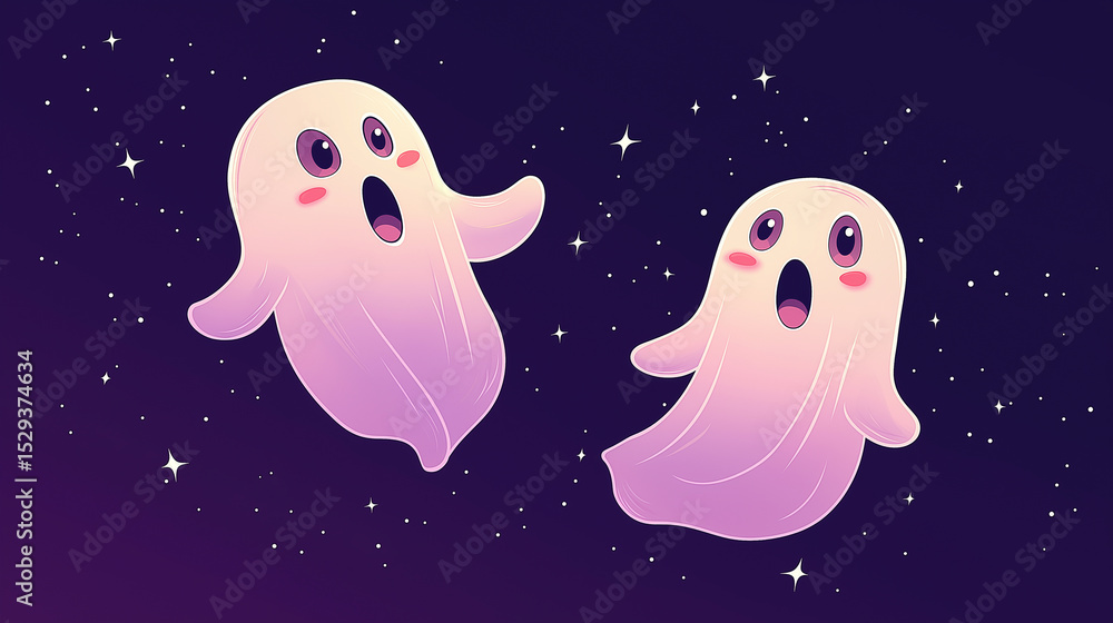 Adorable spooky ghosts floating amidst stars halloween night sky cartoon illustration Adorable spooky ghosts floating amidst stars halloween night sky cartoon illustration